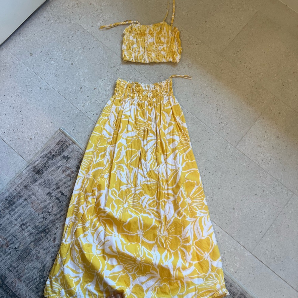 Faithfull the Brand Yellow and White Maxi A-Line Skirt with matching top